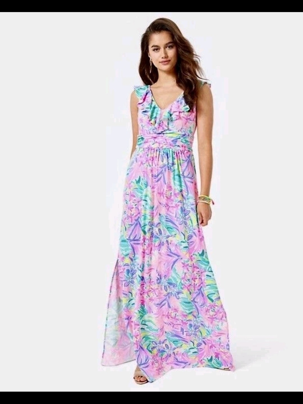 NWT Lilly Pulitzer Mirella Pink Tropical Print Ruffle V-Neck Maxi Dress